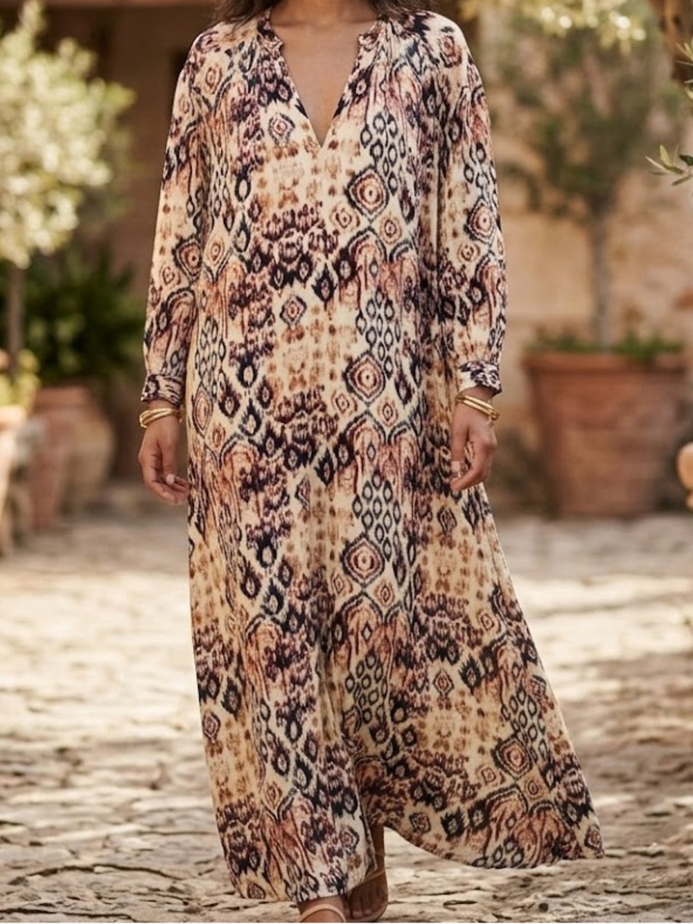 V.DE. Vinster Idli Tribal Print Light Weight Maxi Long Sleeve Shirt Dress Large